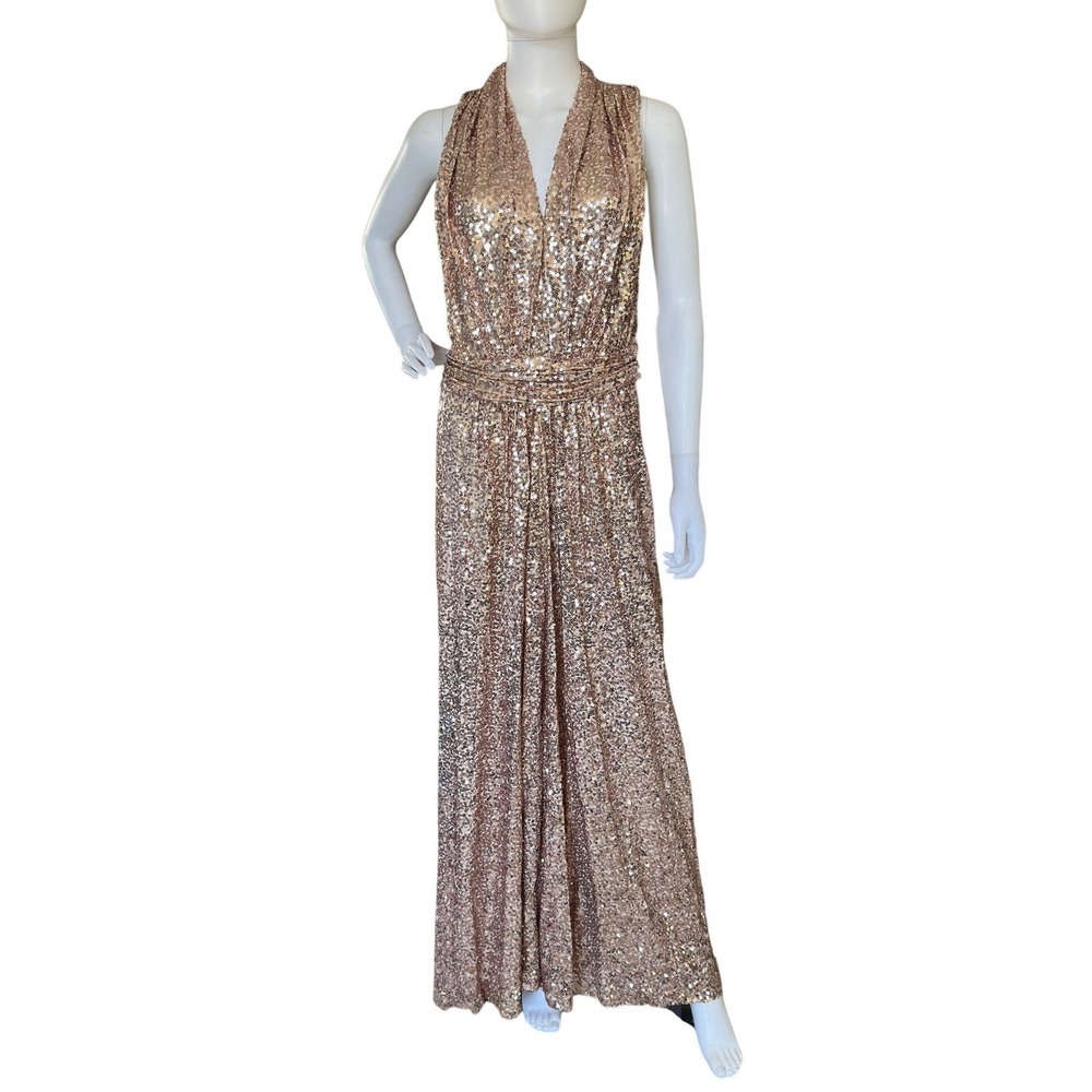 Badgley Mischka Rose Gold Sequin Halter V-Neck Gown Long Dress Size 16 KC